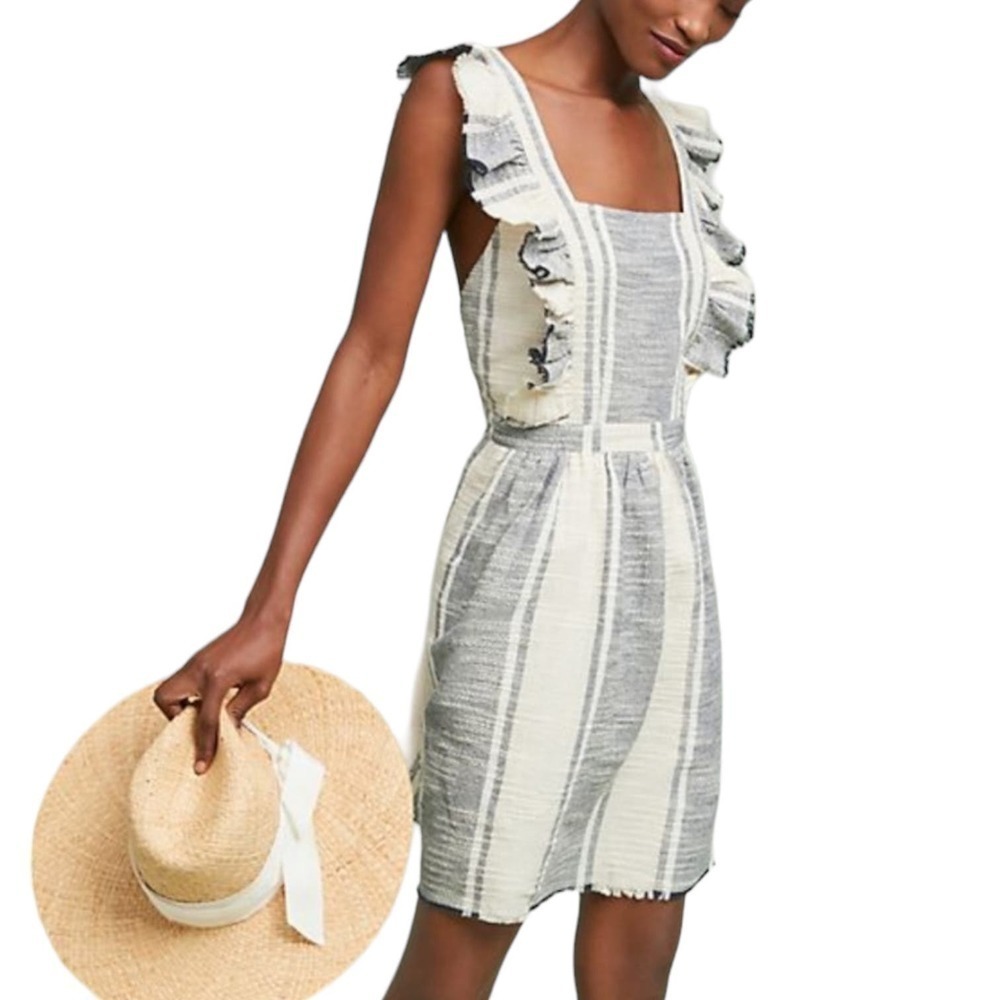 Anthropologie DRA Canal Textured Ruffle Crossback Apron Dress Women Small Petite